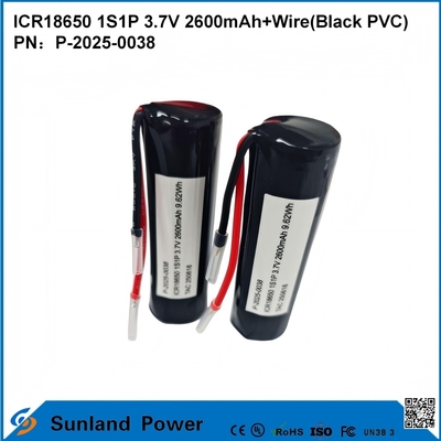 ICR18650 1S1P 3.7V 2600mAh+cable ((PVC negro) Batería